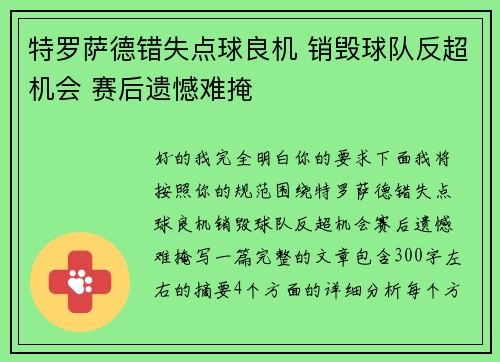 特罗萨德错失点球良机 销毁球队反超机会 赛后遗憾难掩